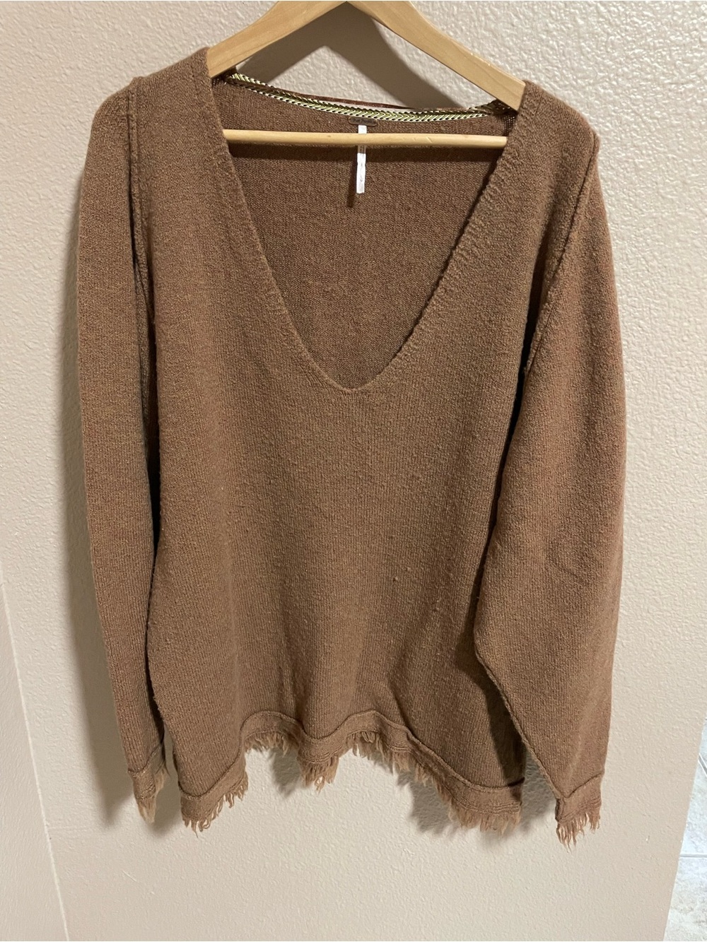 Free People Frayed Deep V-Neck wool blend Sweater in Chestnut Brown